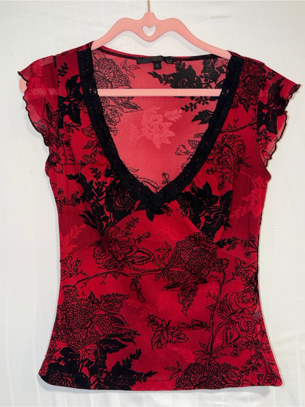 MCM Red and Black Floral V-Neck Lace-Trim Top